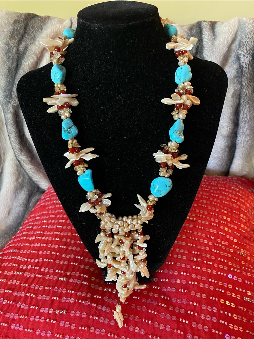 Designer Original Real Turquoise Fresh Water Pearls Red Semi Precious Necklace